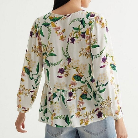 LUCKY BRAND Malia Peasant Top White Green Floral V-Neck Cutout Tie Long Sleeve - Picture 3 of 15